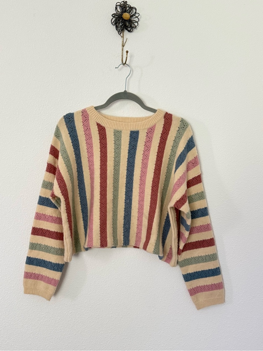 Blush Boutique Colorblock Striped Cropped Pointelle Knit Sweater Sz M Fall Boho